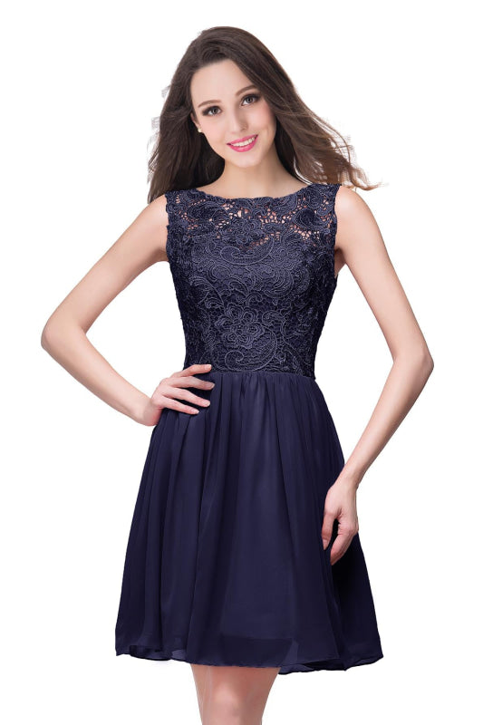 Elegant Sleeveless Chiffon Homecoming Dress with Floral Lace Mini Party