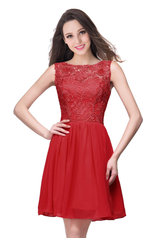 Elegant Sleeveless Chiffon Homecoming Dress with Floral Lace Mini Party