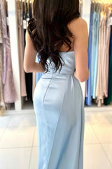 Sky Blue Strapless Mermaid Satin Prom Gown with Front Slit