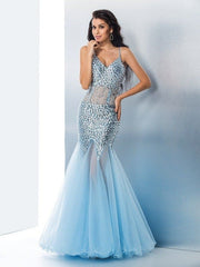 Elegant Sequin Tulle Trumpet Mermaid Prom Dress, Spaghetti Straps, Long Sleeveless Gown