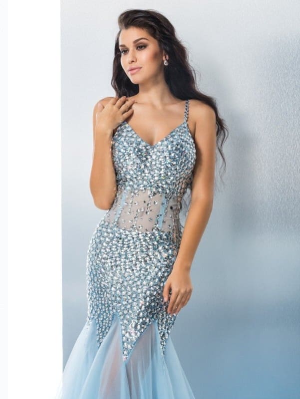 Elegant Sequin Tulle Trumpet Mermaid Prom Dress, Spaghetti Straps, Long Sleeveless Gown