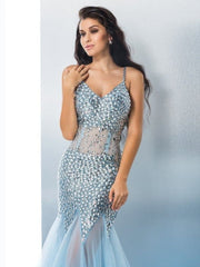 Elegant Sequin Tulle Trumpet Mermaid Prom Dress, Spaghetti Straps, Long Sleeveless Gown