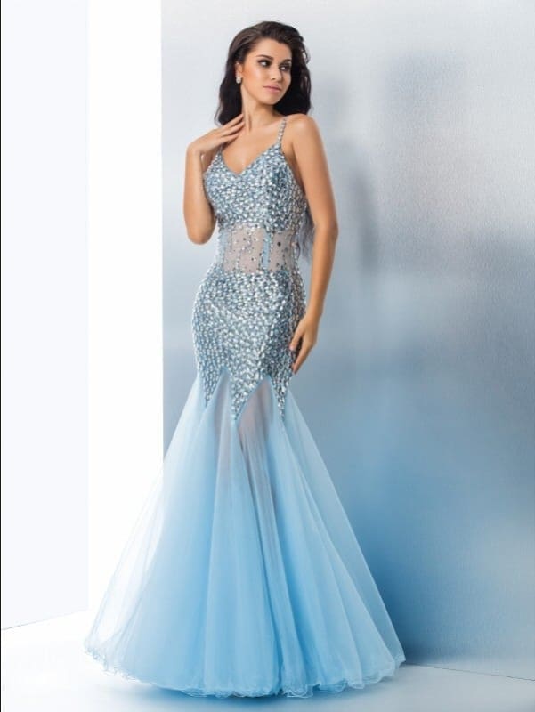 Elegant Sequin Tulle Trumpet Mermaid Prom Dress, Spaghetti Straps, Long Sleeveless Gown
