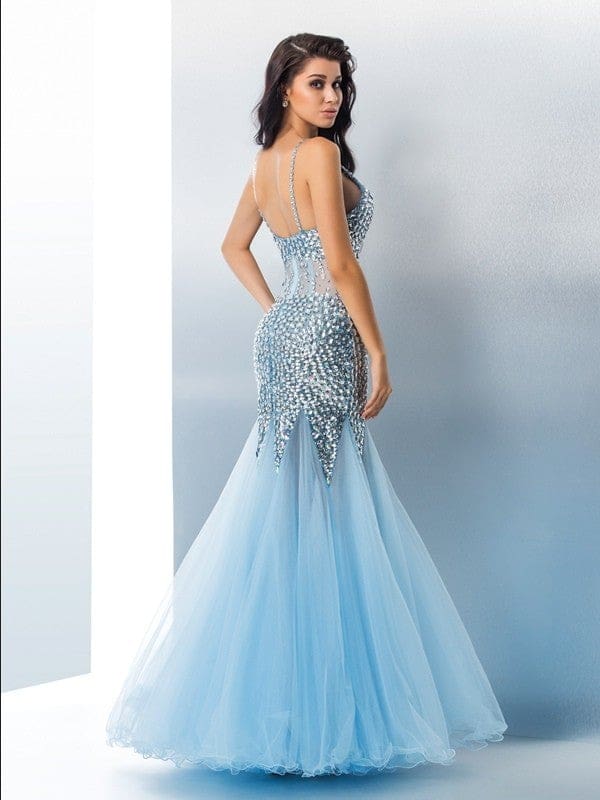 Elegant Sequin Tulle Trumpet Mermaid Prom Dress, Spaghetti Straps, Long Sleeveless Gown