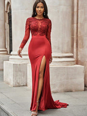 Elegant Trumpet Mermaid Spandex Applique Scoop Long Sleeve Sweep Train Prom Dress