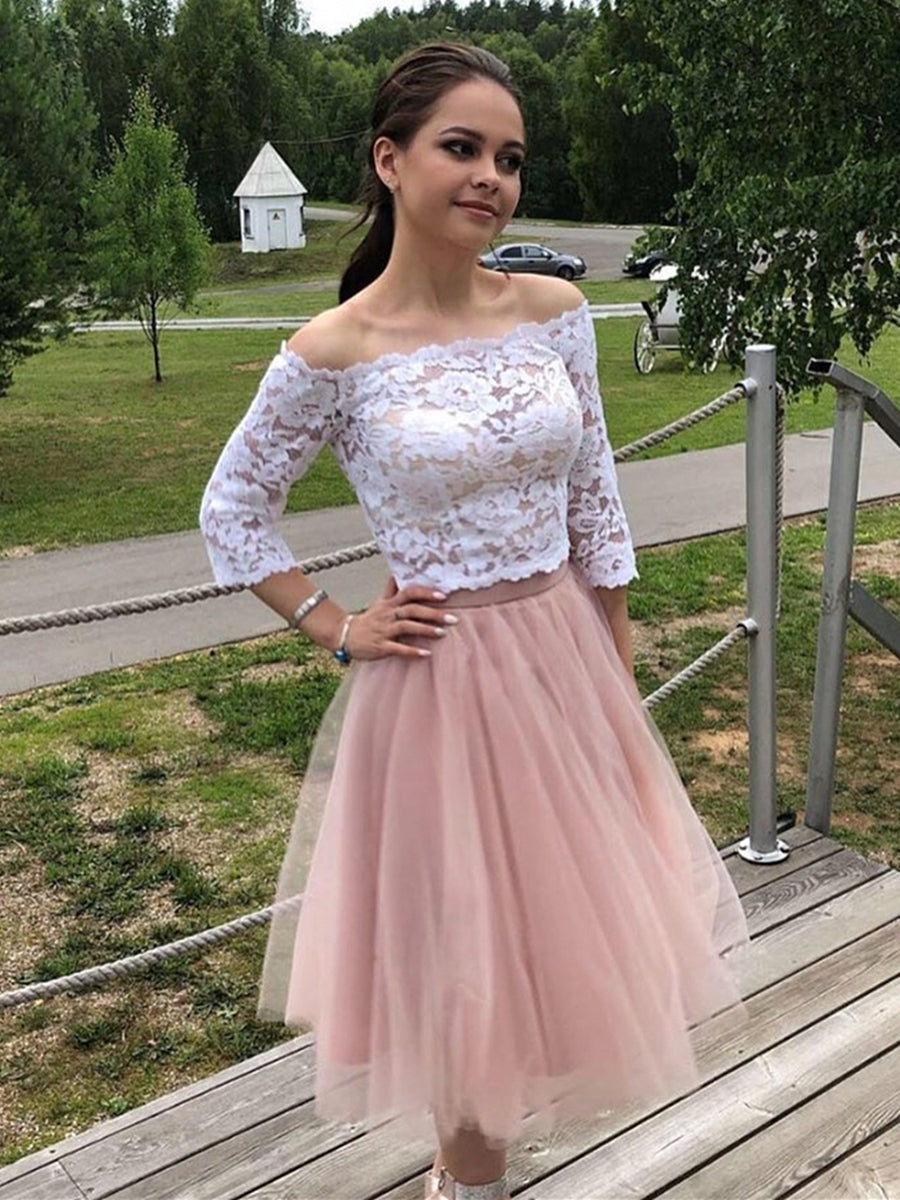 pink two piece short prom dress Cute Pink Lace Two Piece Prom Dress Short