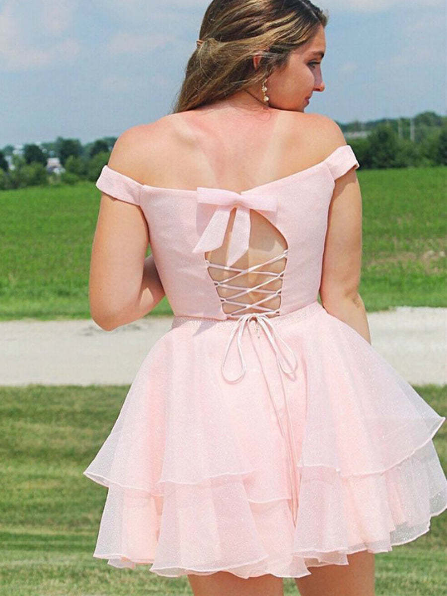 Chic Two-Piece Pink Prom Dress: Off-Shoulder, Short, with Cross Back Design Chic Two-Piece Pink Prom Dress: Off-Shoulder, Short, with Cross Back Design
