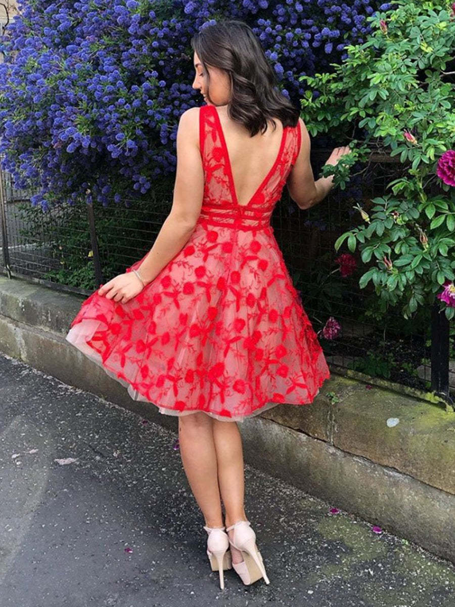 red lace dress short Unique V-Neck Red Lace Floral Short Prom Homecoming Graduation Dress