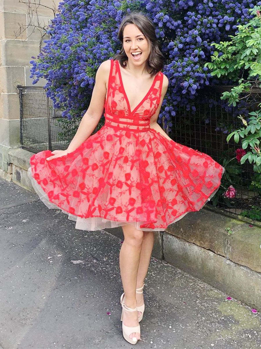 Unique Grad Dresses Unique V-Neck Red Lace Floral Short Prom Homecoming Graduation Dress