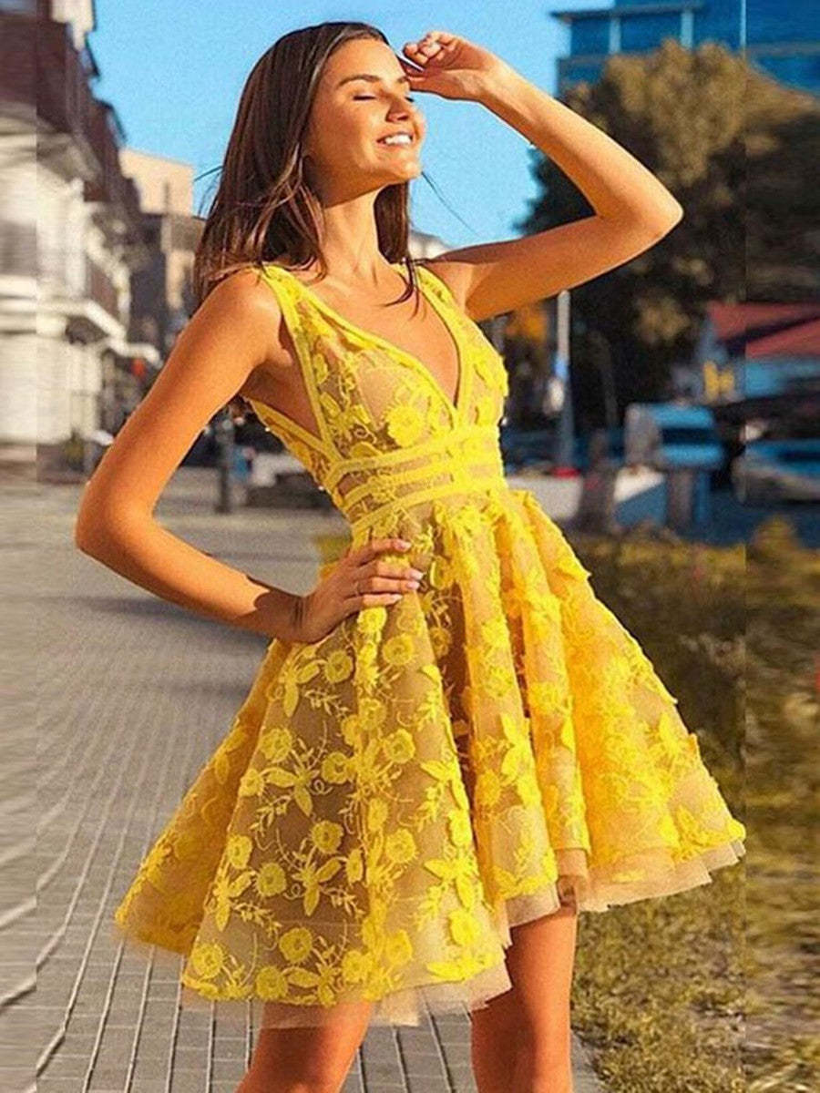 Unique V-Neck Lace Applique Yellow Short Prom Homecoming Graduation Dress Unique V-Neck Lace Applique Yellow Short Prom Homecoming Graduation Dress