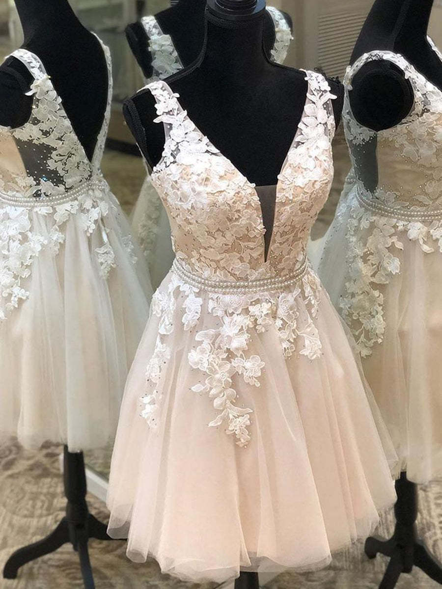 Elegant V-Neck Light Champagne Floral Lace Short Prom Dress for Homecoming