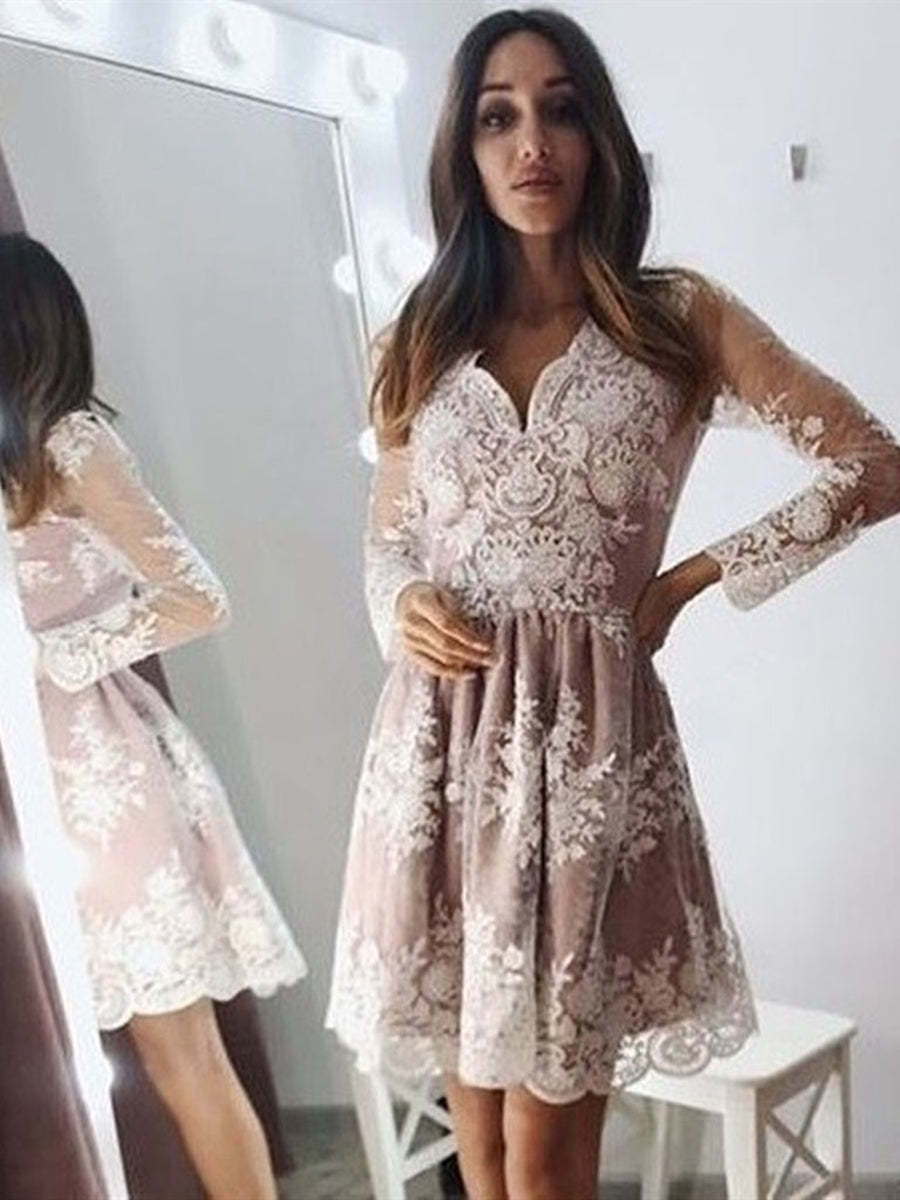 Elegant Champagne Lace Short Prom Dress with Long Sleeves & V-Neck Design