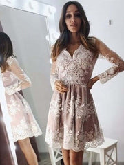 Elegant Champagne Lace Short Prom Dress with Long Sleeves & V-Neck Design