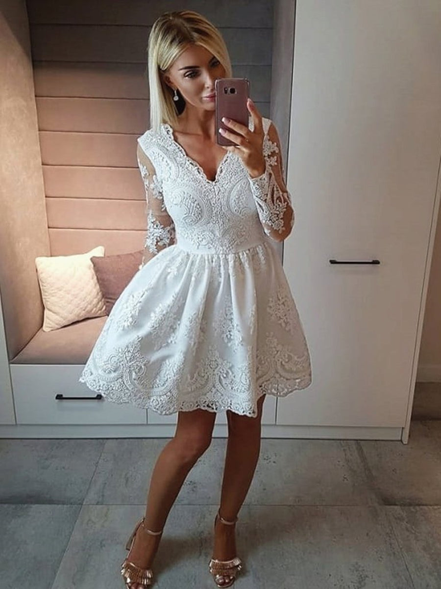 Elegant V-Neck Long Sleeve White Lace Homecoming Dress