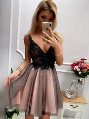 V-Neck Short Black Lace Prom Dress: Homecoming, Graduation Elegance for Women