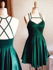 V-Neck Short Hunter Green Prom Dress Cross Back Homecoming Graduation Gown