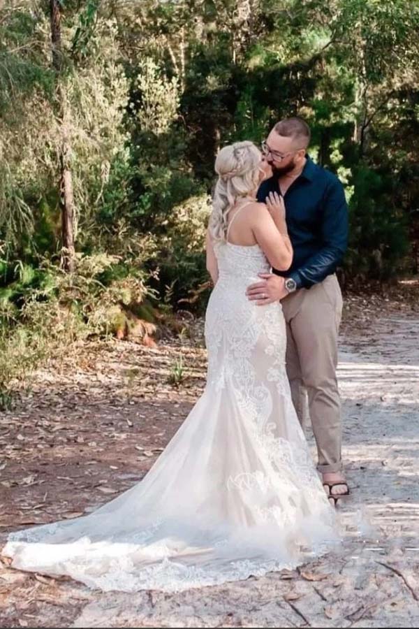 V-Neck Spaghetti Straps Lace Mermaid Wedding Dress Court Train WW259