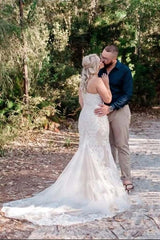V-Neck Spaghetti Straps Lace Mermaid Wedding Dress Court Train WW259