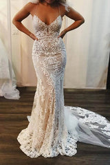 V-Neck Spaghetti Straps Lace Mermaid Wedding Dress Court Train WW259