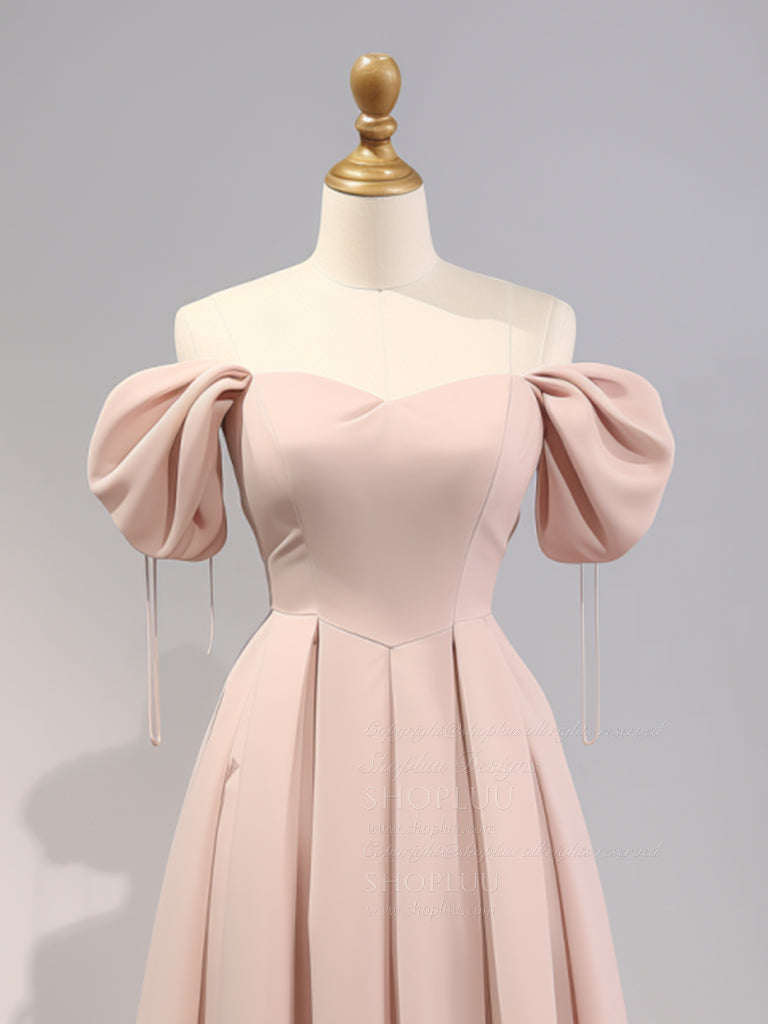 Elegant A-Line Puff Sleeves Pink Satin Long Prom Bridesmaid Dress