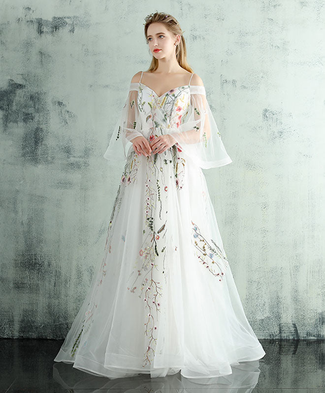 White V Neck Tulle Lace Long Prom Evening Dress For Women