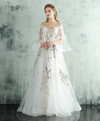 White V Neck Tulle Lace Long Prom Evening Dress For Women