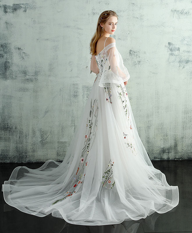 White V Neck Tulle Lace Long Prom Evening Dress For Women