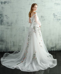 White V Neck Tulle Lace Long Prom Evening Dress For Women