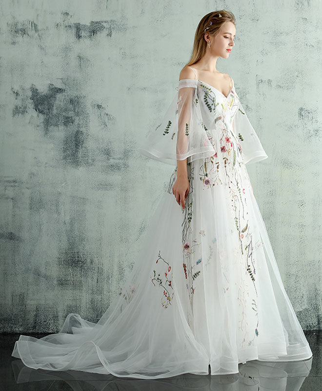 White V Neck Tulle Lace Long Prom Evening Dress For Women