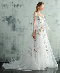 White V Neck Tulle Lace Long Prom Evening Dress For Women