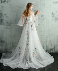 White V Neck Tulle Lace Long Prom Evening Dress For Women