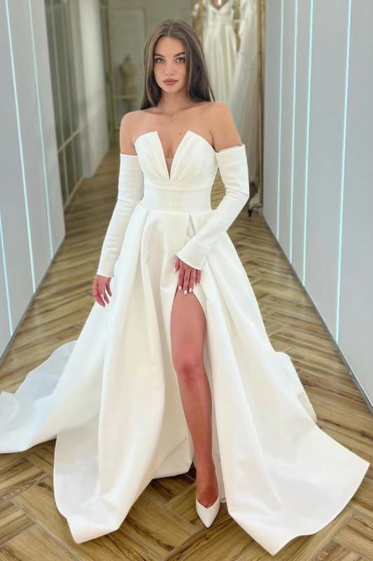 Elegant White Long Sleeve V-Neck A-Line Prom Dress with High Split Elegant White Long Sleeve V-Neck A-Line Prom Dress with High Split