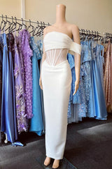 Elegant White Off-Shoulder Strapless Pleated Mermaid Prom Dress OD3687