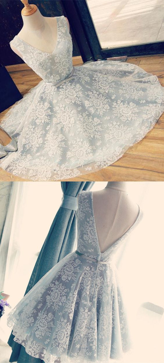 Dusty Blue Lace Short Homecoming dress,formal dress,sweet 16 dress,201707181-Dolly Gown