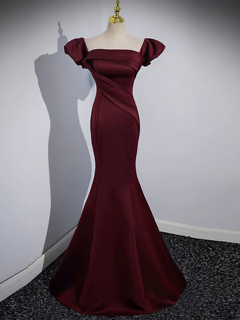 Off the Shoulder Satin Burgundy Mermaid Prom Dress Formal Gown - DollyGown