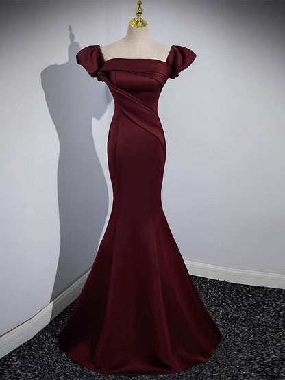 Off the Shoulder Satin Burgundy Mermaid Prom Dress Formal Gown - DollyGown