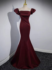 Off the Shoulder Satin Burgundy Mermaid Prom Dress Formal Gown - DollyGown
