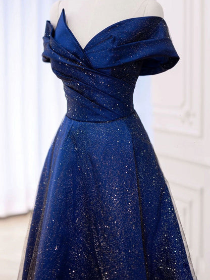 Glitter A-line Royal Blue Off The Shoulder Prom Dress - DollyGown