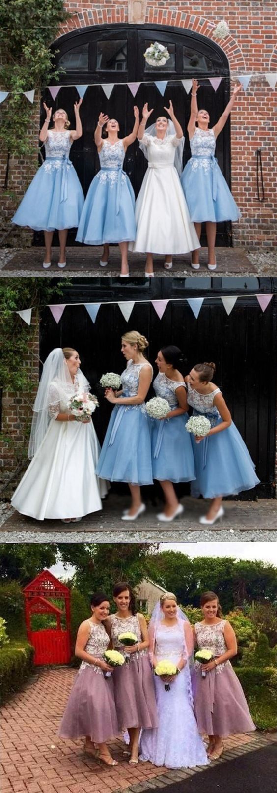 Chic Vintage Style Midi Tea Length Lace Top Blue Bridesmaid Dresses#110504-Dolly Gown