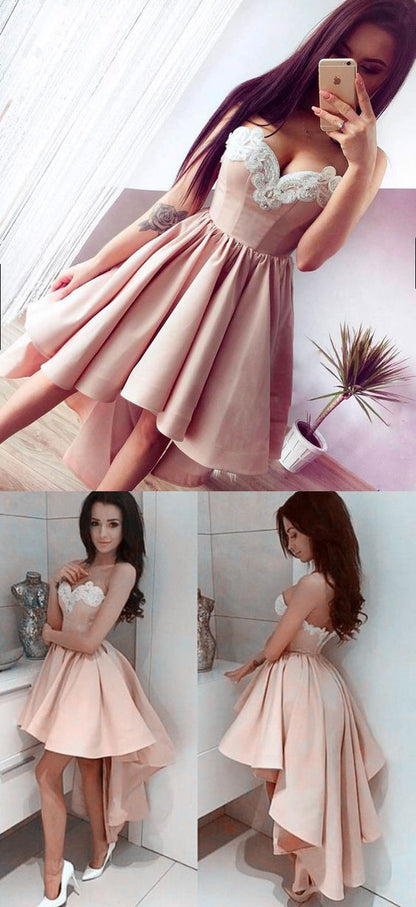 Trending Dusty Pink High Low Homecoming Dress/Prom Dress with lace appliques at neckline,#110506