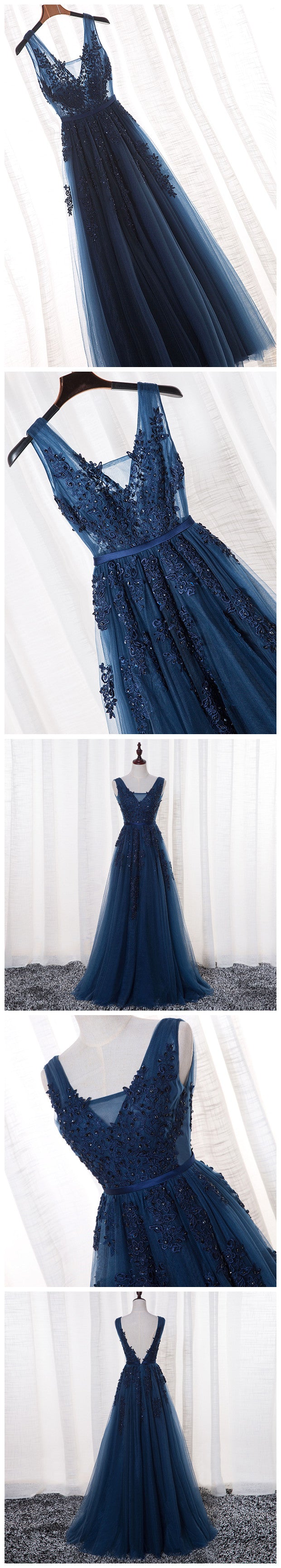 Glamorous Navy Blue Lace Tulle V Neck See Through Prom Dress #110507-Dolly Gown