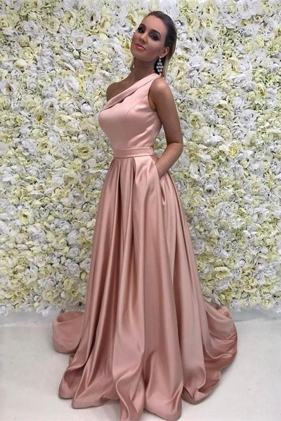 Simple Elegant One Shoulder Pink Prom Dress with Pockets #110508