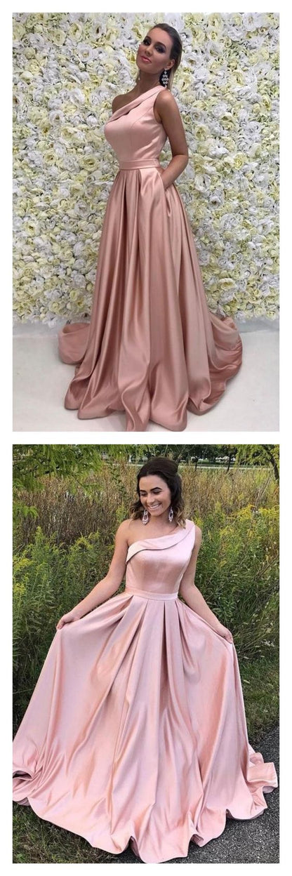 Simple Elegant One Shoulder Pink Prom Dress with Pockets #110508