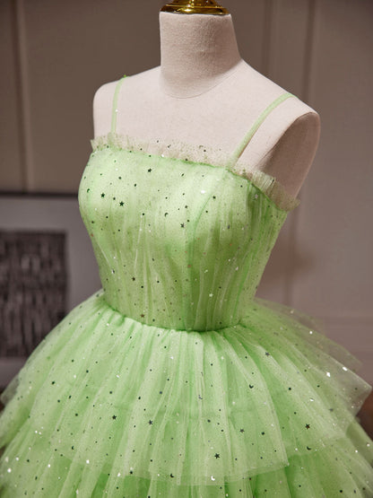 Green Spaghetti Strap Tiered Juniors Homecoming Dress 8th Grade Dance Dress - DollyGown