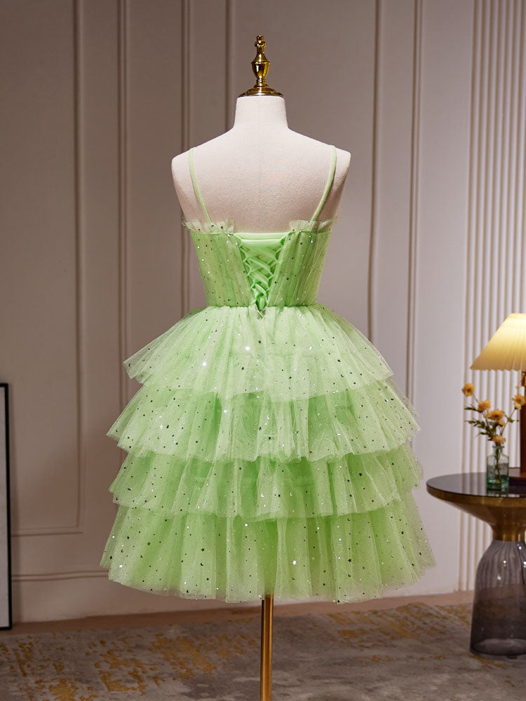 Green Spaghetti Strap Tiered Juniors Homecoming Dress 8th Grade Dance Dress - DollyGown