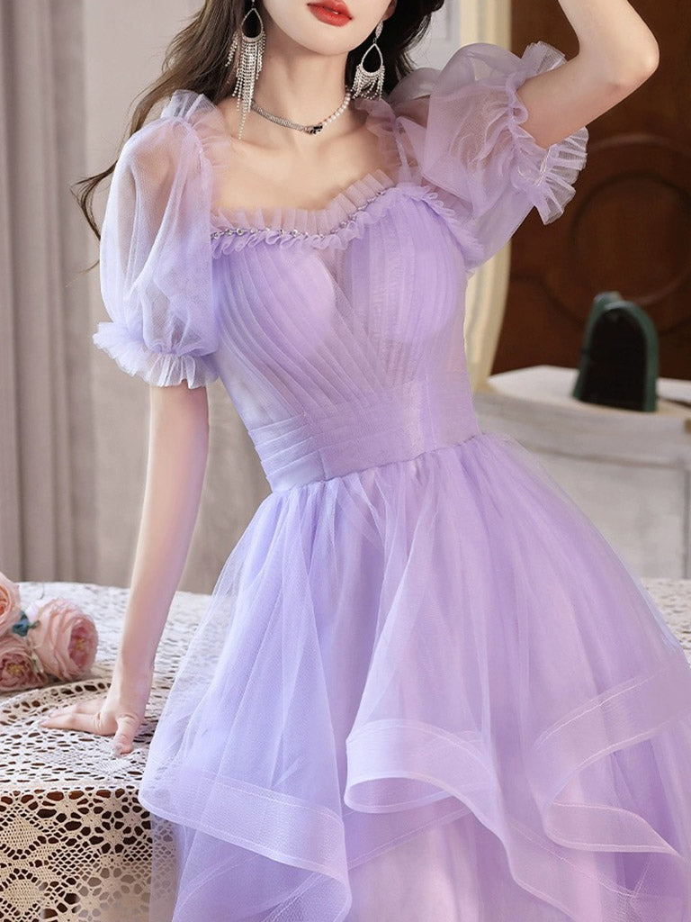 Off The Shoulder Ruffle Lavender Sheer Homecoming Dress - DollyGown