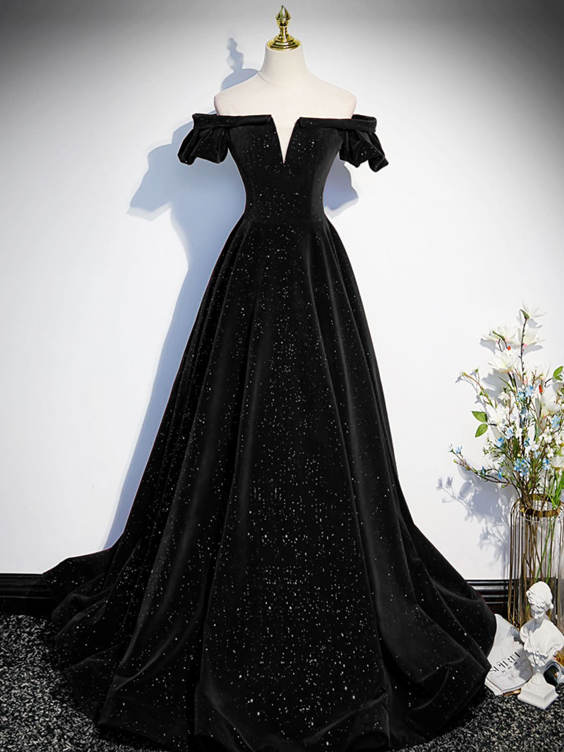 Simple Black Velvet Off the Shoulder Formal Dress - DollyGown