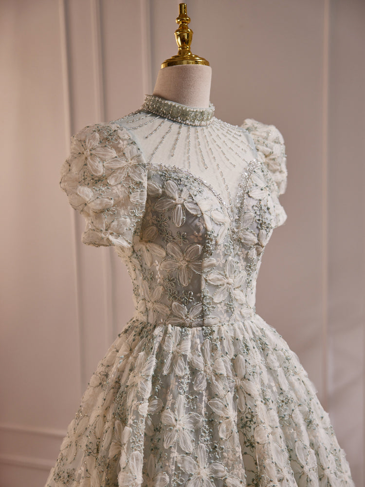 Modest 3D Flora Material Calf Length Prom Dress with Short Sleeves - DollyGown