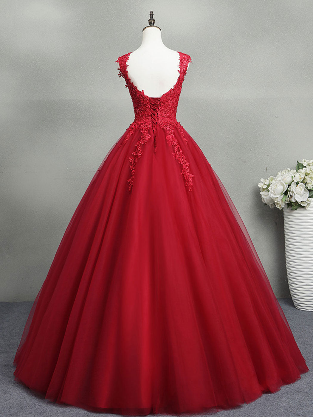 Red Queen Anne Lace Top Backless Ball Gown Prom Dress  - DollyGown