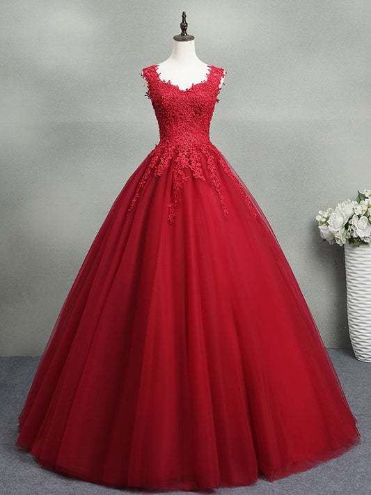 Red Queen Anne Lace Top Backless Ball Gown Prom Dress  - DollyGown